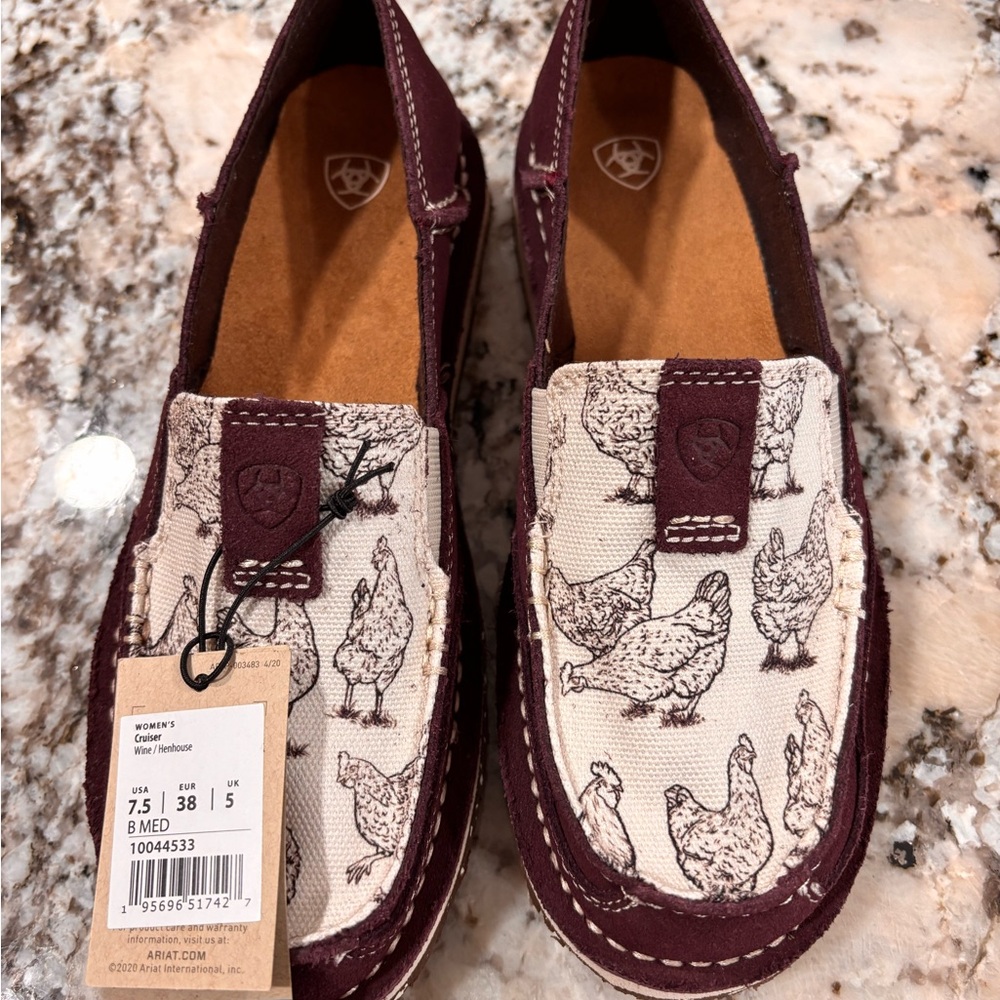 Ariat Burgundy & Cream Chicken-Print Slip-Ons